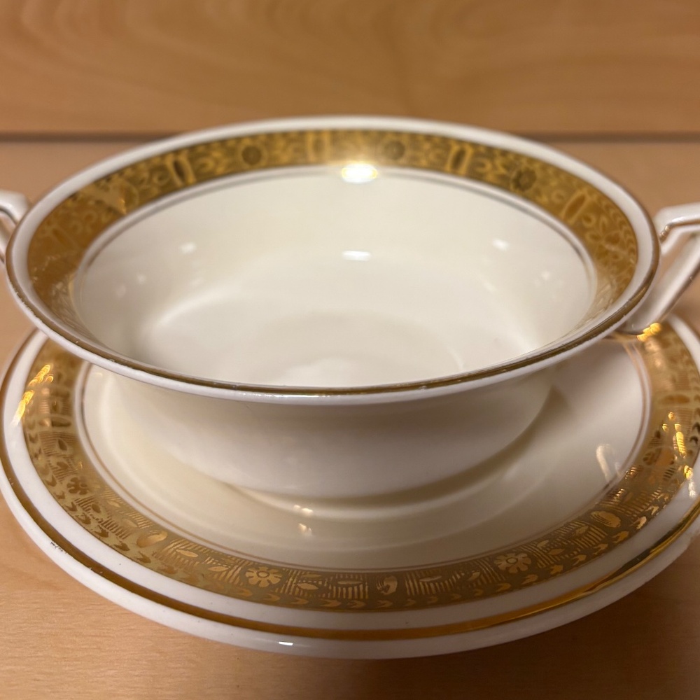 TWO Burleigh Ware Zenith Cream Bouillon Soup Bowls with Saucers